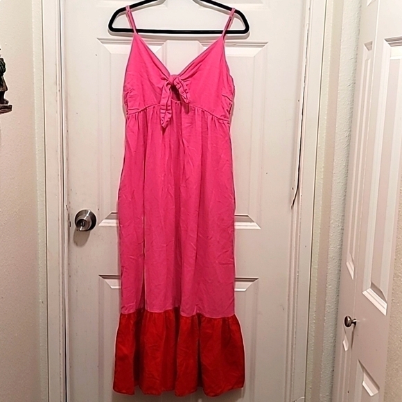 TABITHA BROWN X TARGET PINK/RED SLEEVELESS TIE FRONT MIDI SUN DRESS SIZE XL - Picture 1 of 10